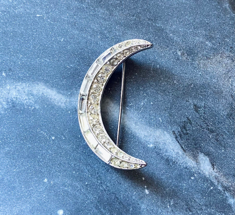 Vintage Rhinestone Crescent Moon Brooch Pin