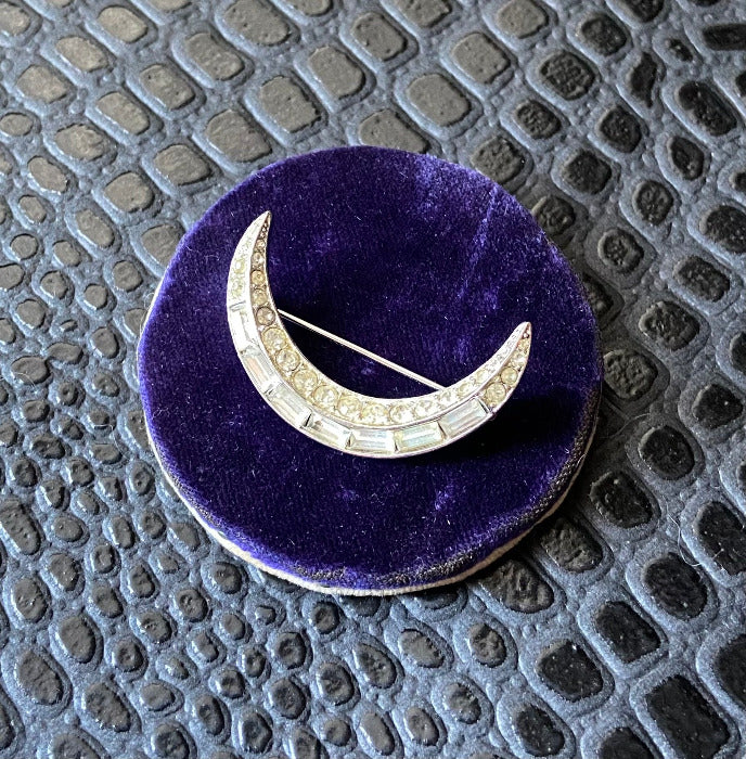 Vintage Rhinestone Crescent Moon Brooch Pin