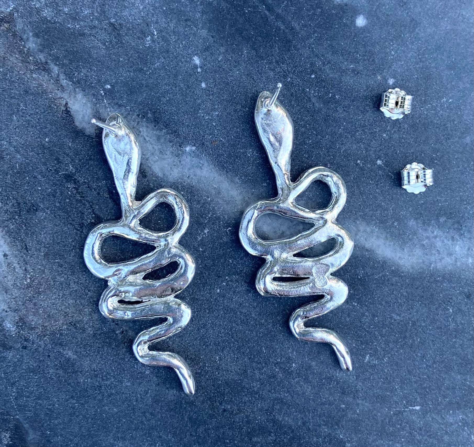 serpentine handmade wax cast snake earrings witchy talisman jewelry