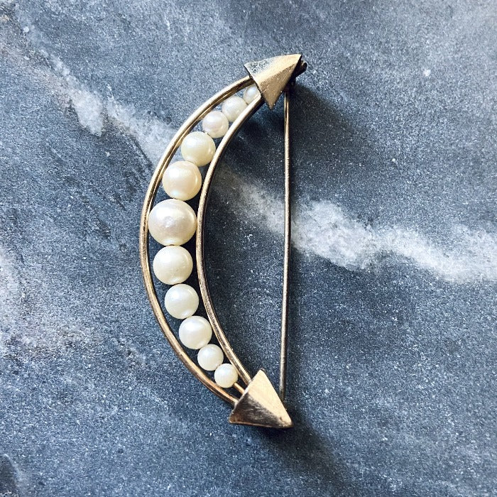 Vintage gold-filled pearl crescent moon brooch