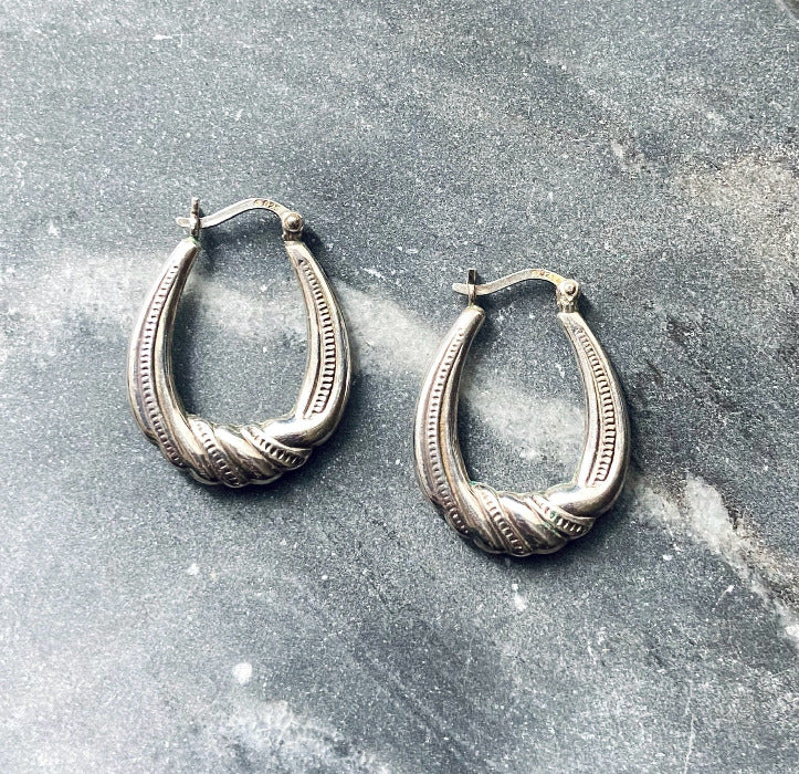 Vintage Sterling Silver Oval Twist Hoop Earrings