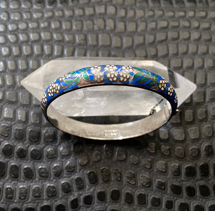 Vintage Sterling Silver Blue Floral Enamel Bangle Bracelet