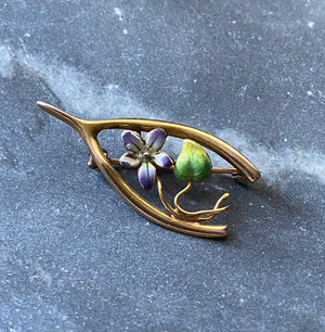 antique victorian 10k gold enamel floral wishbone brooch pin