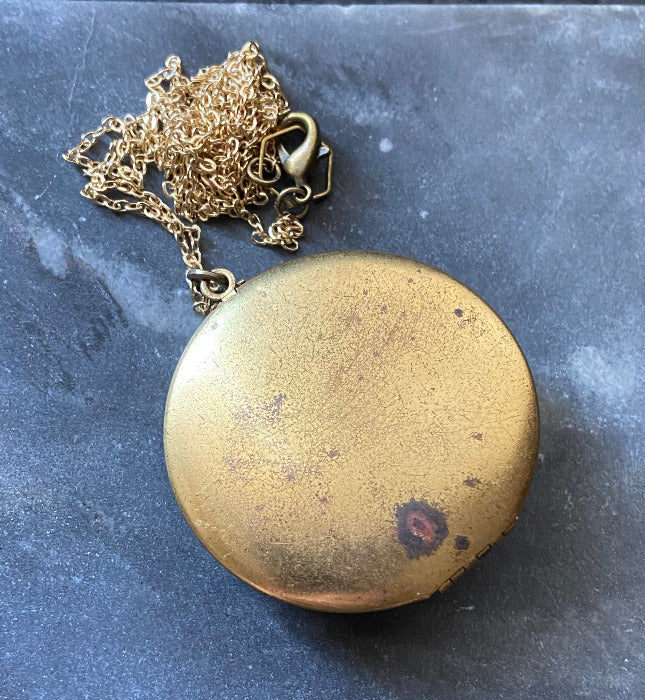 vintage brass black glass mid century photo locket necklace