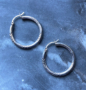 Vintage Sterling Silver Etched Round Hoop Earrings