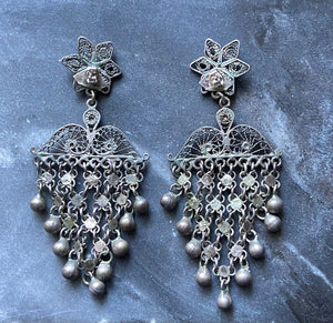 Vintage Silver Filigree Chandelier Statement Earrings
