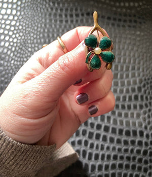 Vintage Brass Wishbone Brooch Pin Enamel Four Leaf Clover Good Luck Jewelry