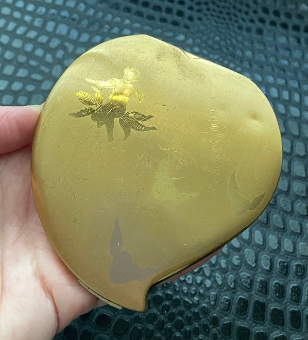 Vintage Mid Century Cherub Love Themed Heart Shaped Compact Mirror