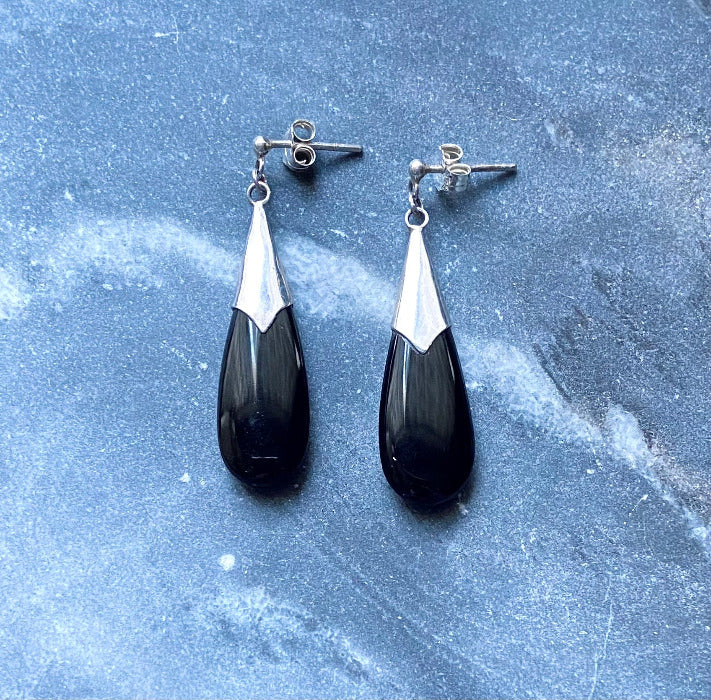 Vintage Silver Black Onyx Stone Teardrop Stud Post Dangle Earrings