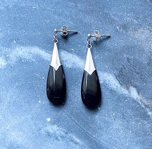 Vintage Silver Black Onyx Stone Teardrop Stud Post Dangle Earrings