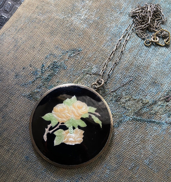 Antique Art Deco 1920's Sterling Silver Floral Black Guilloche Enamel Mirror Pendant Necklace