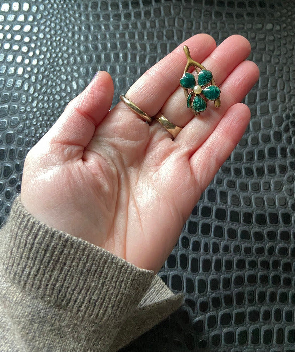 Vintage Brass Wishbone Brooch Pin Enamel Four Leaf Clover Good Luck Jewelry