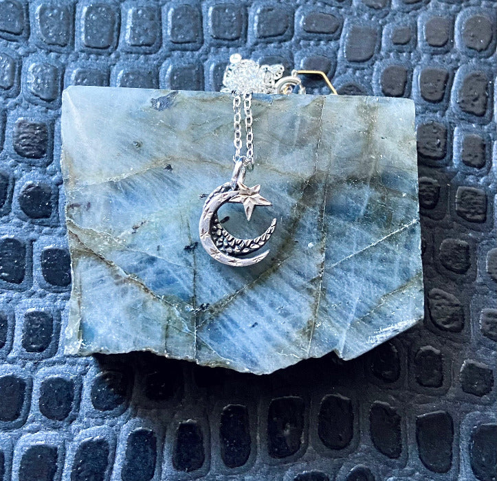 vintage silver celestial moon star charm necklace