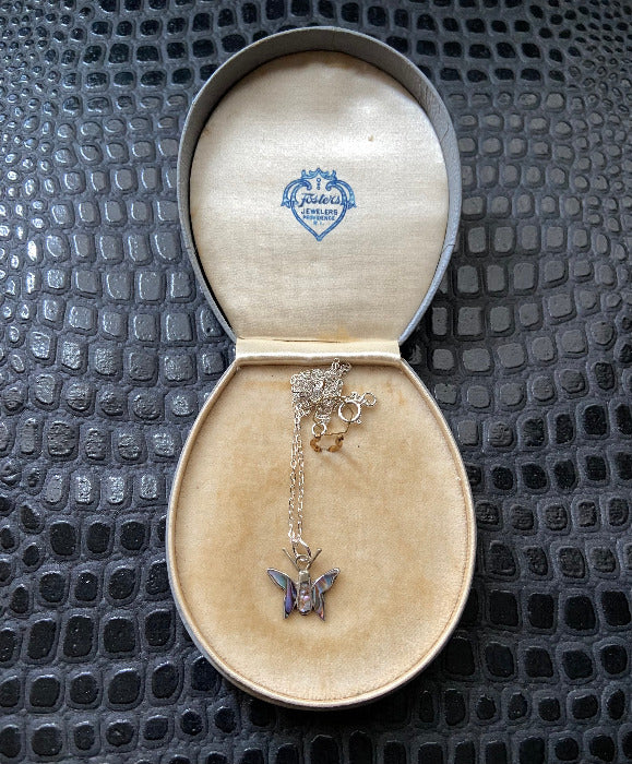 vintage silver abalone shell butterfly charm necklace