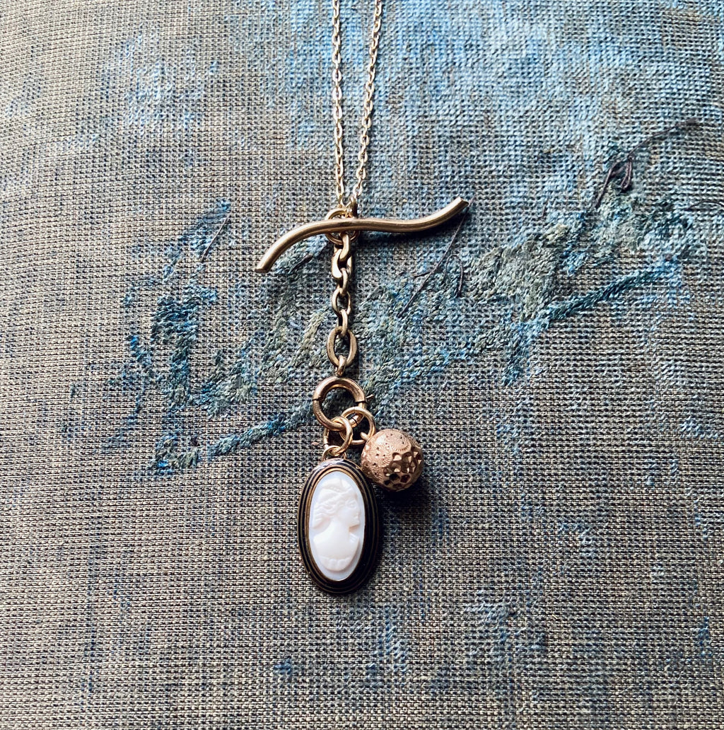 Antique Art deco shell cameo and victorian ball charm necklace