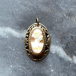 Antique Art Deco black enamel peach cameo charm