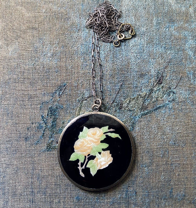 Antique Art Deco 1920's Sterling Silver Floral Black Guilloche Enamel Mirror Pendant Necklace