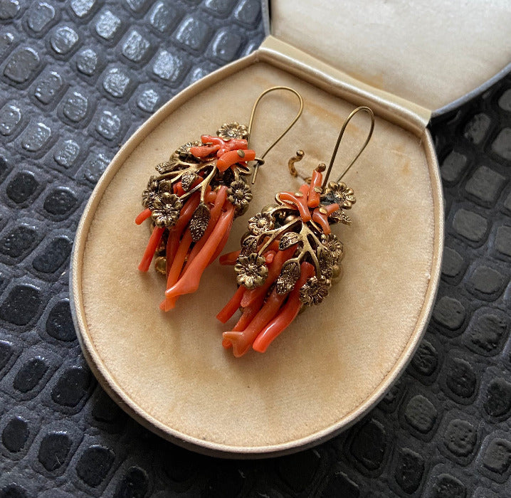 antique victorian floral coral statement earrings