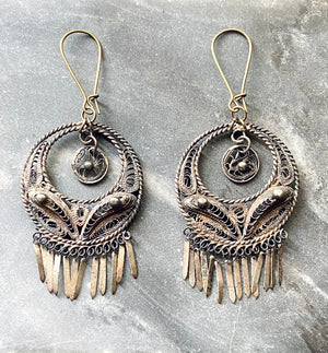 antique victorian silver filigree fringe statement earrings