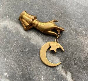 Vintage Brass Magic Hand Celestial Moon Star Brooch Pin 