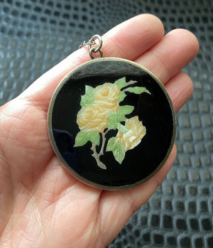 Antique Art Deco 1920's Sterling Silver Floral Black Guilloche Enamel Mirror Pendant Necklace