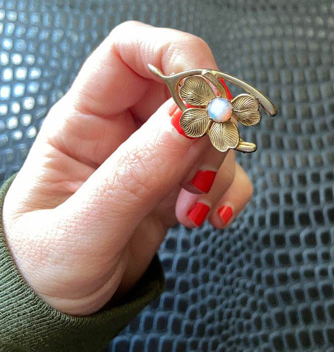 Vintage Brass Opalite Wishbone Four Leaf Clover Brooch Pin Good Luck Jewelry