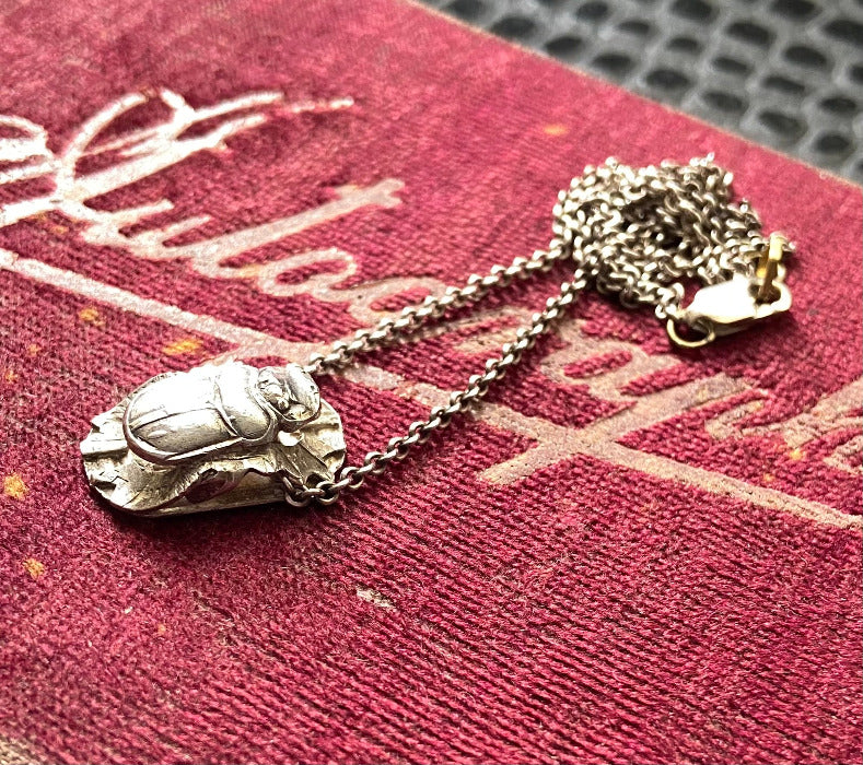 Vintage Silver Scarab Beetle Charm Necklace