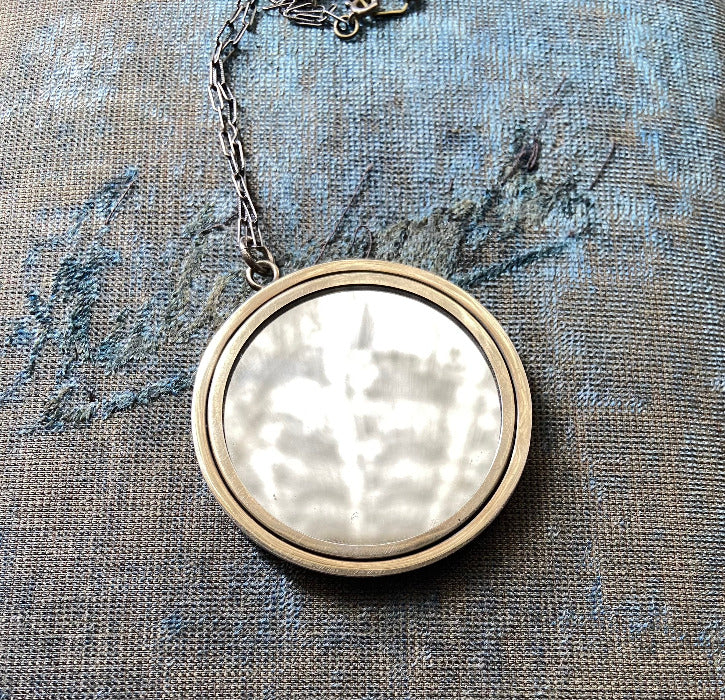 Antique Art Deco 1920's Sterling Silver Floral Black Guilloche Enamel Mirror Pendant Necklace