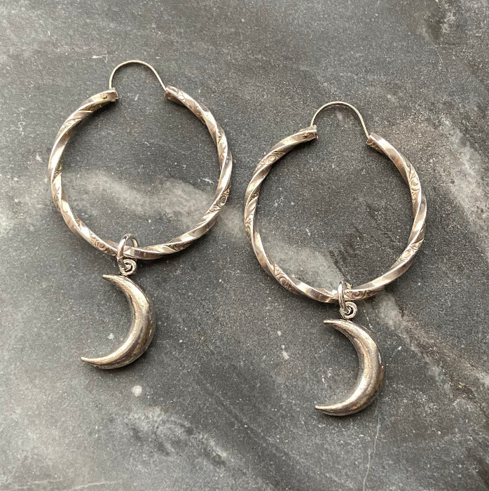 Vintage Silver Twist Hoop Earrings with Celestial Crescent Moon Charms