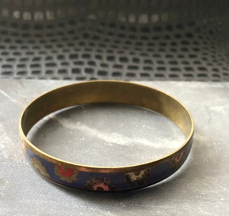 vintage brass floral enamel bangle bracelet