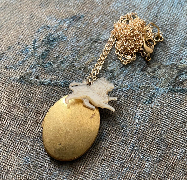 vintage oval brass locket neckalce with mother of pearl lion charm zodiac jewelry