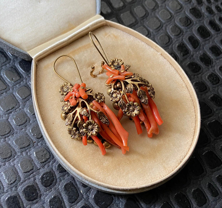 antique victorian floral coral statement earrings