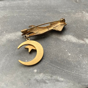 Vintage Brass Magic Hand Celestial Moon Star Brooch Pin 