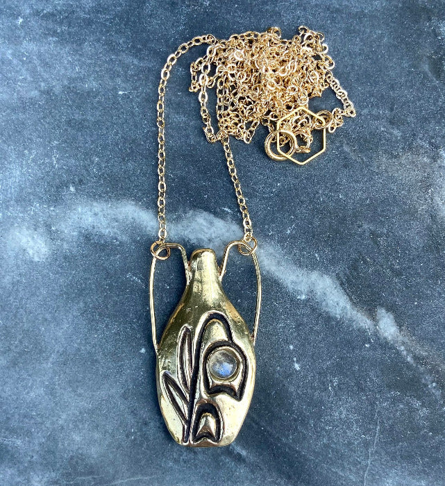 serpentine handmade wax cast brass floral vase charm necklace