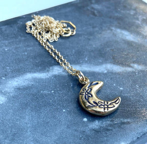serpentine handmade hand carved lost wax cast brass floral moon charm necklace talisman jewelry