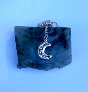 serpentine handmade hand carved lost wax cast brass floral moon charm necklace talisman jewelry
