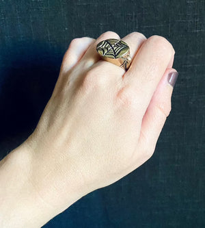 serpentine wax cast brass jewelry spiderweb spider ring