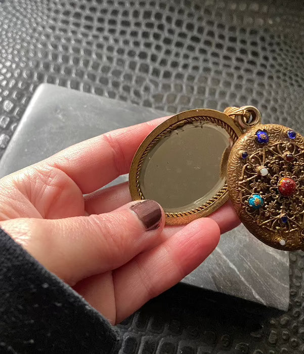 Vintage Ornate Filigree Compact Mirror Locket Statement Necklace