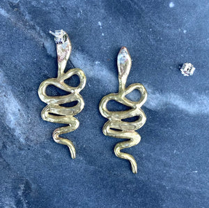 serpentine handmade wax cast snake earrings witchy talisman jewelry