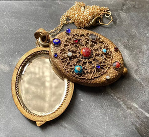 Vintage Ornate Filigree Compact Mirror Locket Statement Necklace