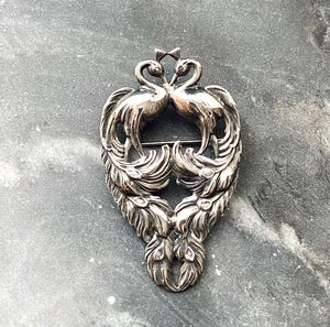 Vintage Silver Art Nouveau Style Double Peacock Statement Bird Brooch Pin   