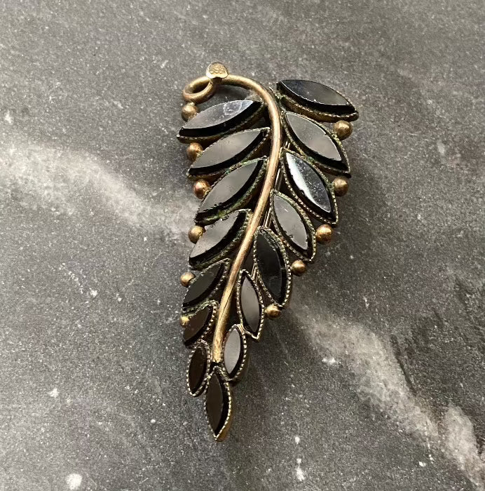 Antique Victorian Gold Filled Black Glass Leaf Brooch Pin