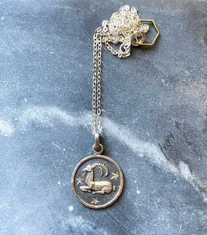 vintage silver aries ram charm necklace zodiac jewelry