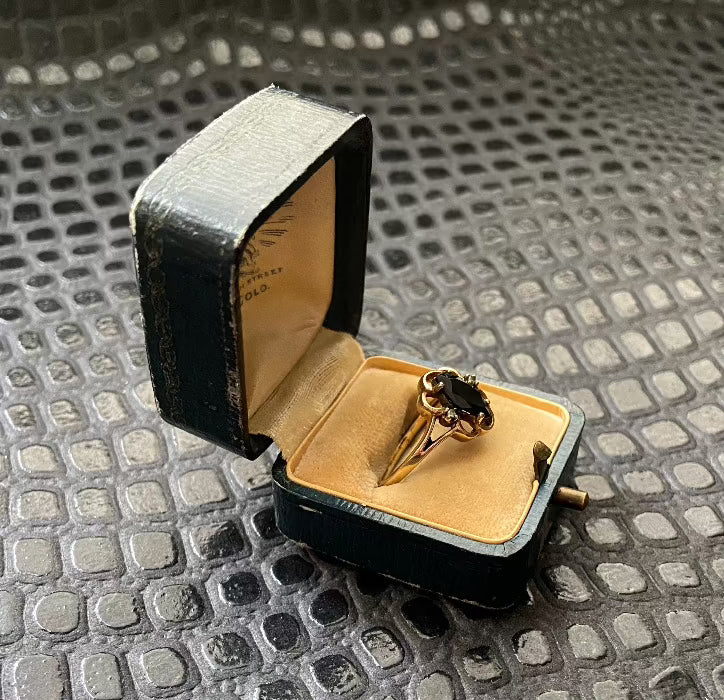 Vintage Mid Century Gold Vermeil Black Onyx Diamond Chip Ring