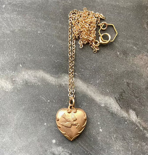 antique victorian gold filled heart charm necklace bird carrying letter