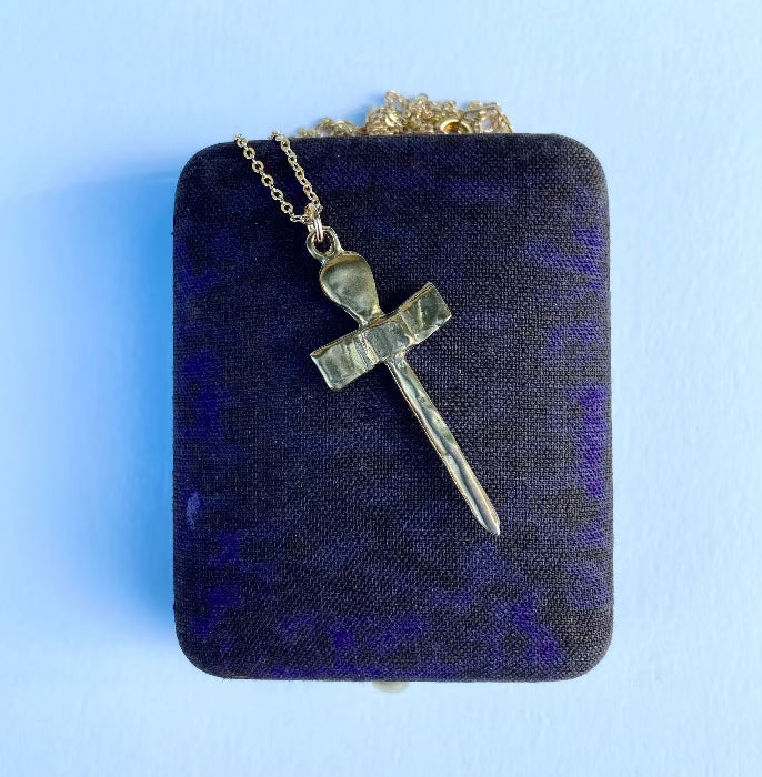 serpentine handmade hand carved lost wax cast brass sword charm necklace talisman protection jewelry