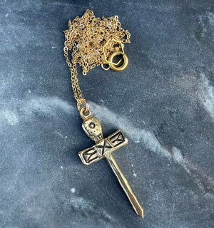 serpentine handmade hand carved lost wax cast brass sword charm necklace talisman protection jewelry