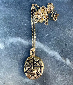 Serpentine Handmade Hand Carved Lost Wax Brass Cast Witchy Spiderweb and Spider Charm Necklace Jewelry