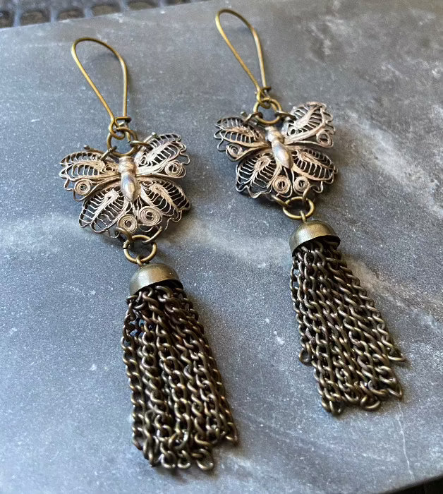 handmade reclaimed vintage butterfly tassel earrings