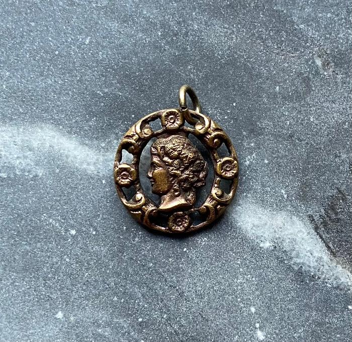 antique victorian brass button cameo charm